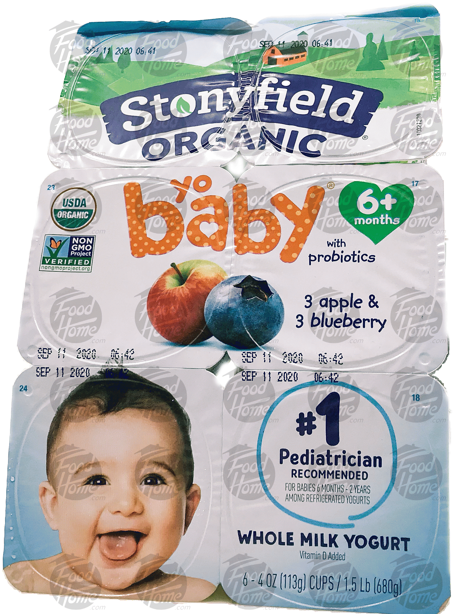 Stonyfield Organic yobaby; organic whole milk yogurt, 6- 4oz cups. 3 blueberry, 3 strawberry, vitamin d added Full-Size Picture